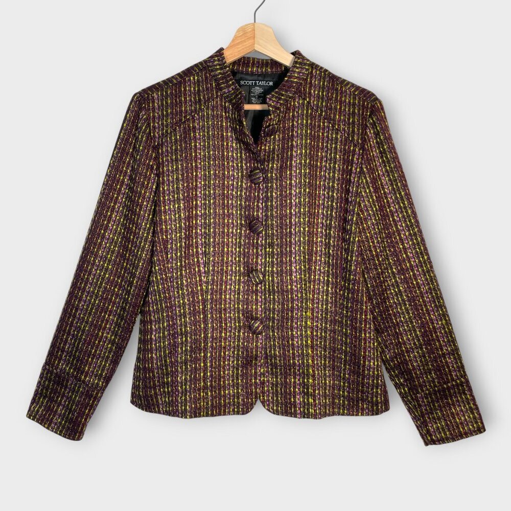 🦜 Scott Taylor Tweed Jacket Blazer MEDIUM Fully Lined Purple Green Metallic